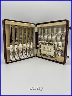 Vtg Royal Crown Derby Ellis Spray Posies Fruit Knife and Fork Set with Case 12Pc