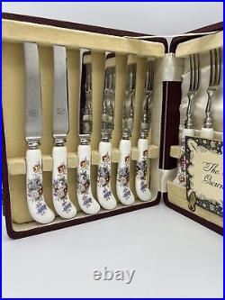 Vtg Royal Crown Derby Ellis Spray Posies Fruit Knife and Fork Set with Case 12Pc