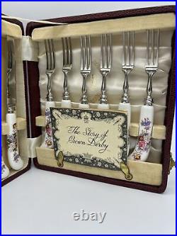 Vtg Royal Crown Derby Ellis Spray Posies Fruit Knife and Fork Set with Case 12Pc