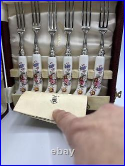 Vtg Royal Crown Derby Ellis Spray Posies Fruit Knife and Fork Set with Case 12Pc