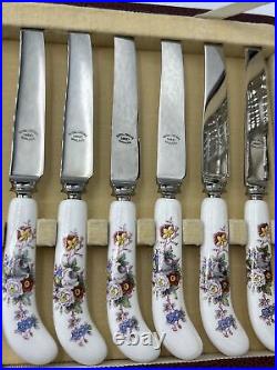 Vtg Royal Crown Derby Ellis Spray Posies Fruit Knife and Fork Set with Case 12Pc