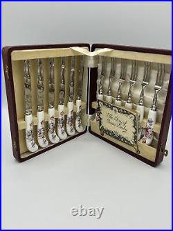 Vtg Royal Crown Derby Ellis Spray Posies Fruit Knife and Fork Set with Case 12Pc